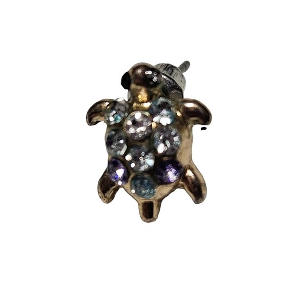 Gem Turtle Gold Tone Stud Earrings Purple Blue Clear Rhinestone Tortoise Jewelry - Picture 5 of 6